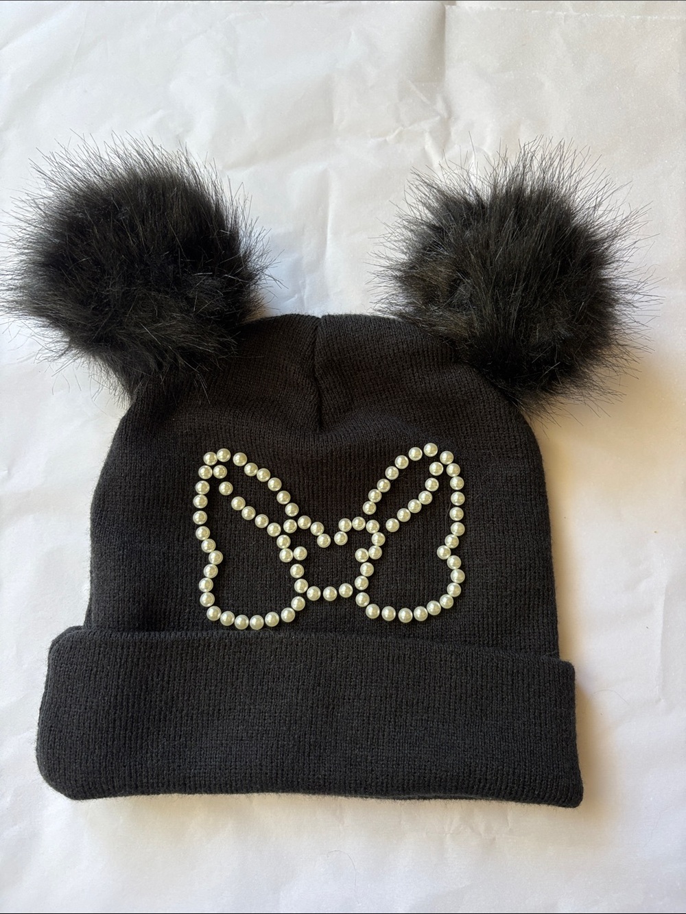Disney Black Knit Beanie with Faux Fur Pom Poms and Pearl Bow Accent
